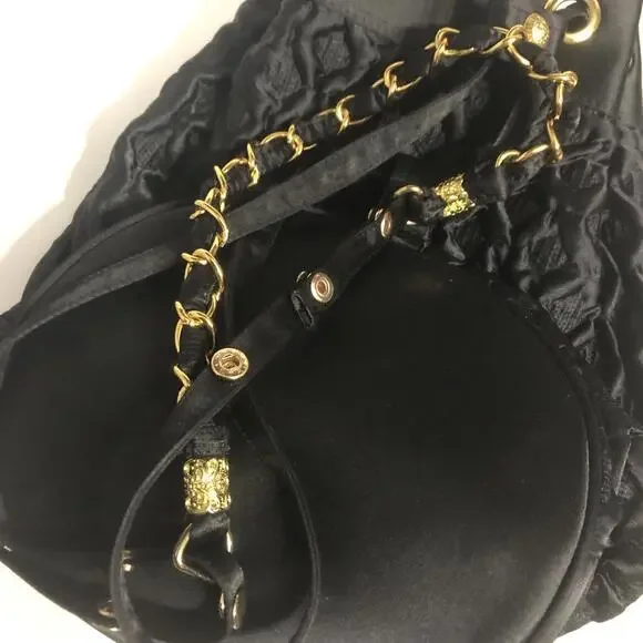 Vintage-Inspired Black Quilted Lion Medallion Bucket Bag – Gold Stud Accents - Picture 9 of 9